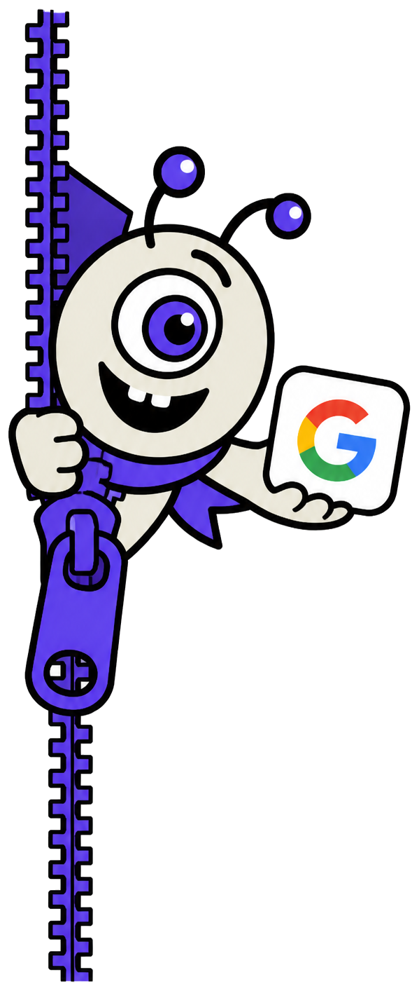 CutReply mascot opening a purple zipper and offering a Google sign-in pass